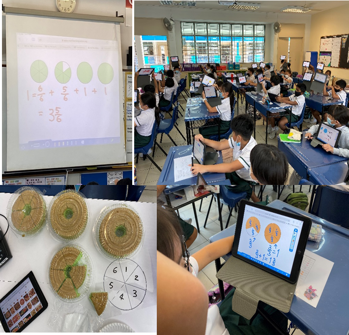 Students in a classroom use tablets to learn fractions, with a whiteboard showing fraction addition equations.